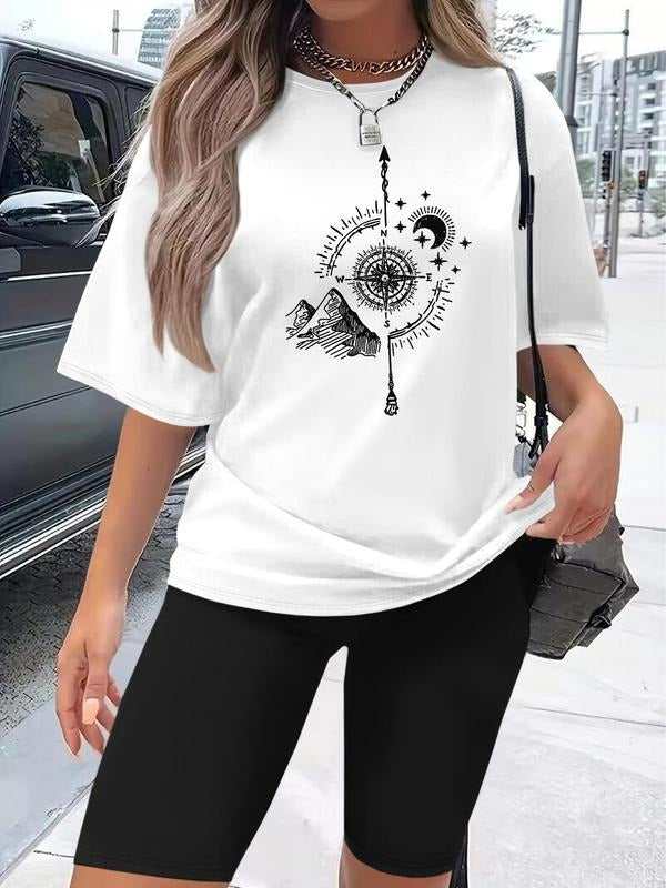 Women's Graphic Print Tee & Skinny Shorts Two-piece Set, Casual Fashion Round Neck Short Sleeve T-shirt & Shorts for...