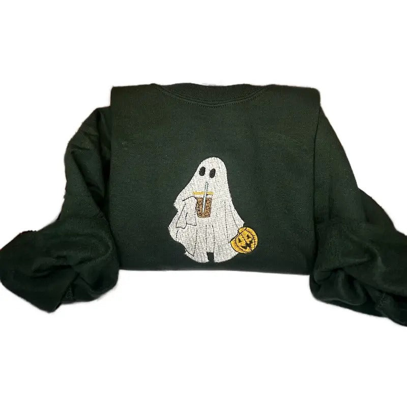 Women's Halloween Iced Coffee Ghost Sweatshirt with Embroidery Design T-Shirts, Hoodie | RetroVerseTees.com