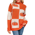 Women's Halloween Pumpkin Sweater Loose Checkerboard Mock Neck Long Sleeve Pullover Knit Tops Casual Streetwear T-Shirts,...