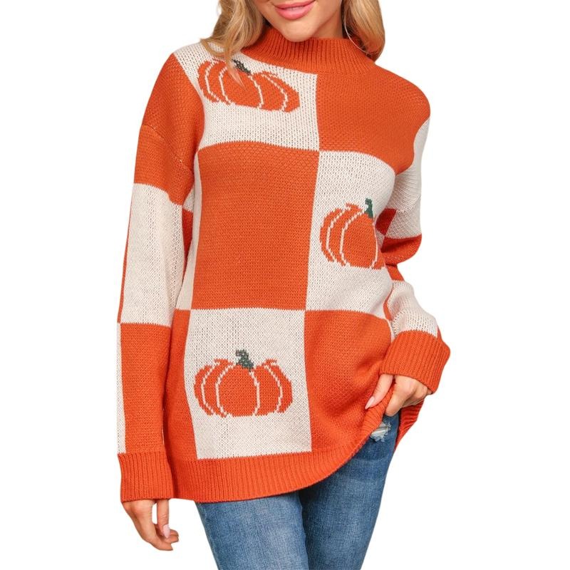 Women's Halloween Pumpkin Sweater Loose Checkerboard Mock Neck Long Sleeve Pullover Knit Tops Casual Streetwear T-Shirts,...