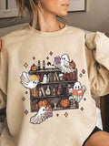 Women's Halloween Themed Ghost & Book Print Thermal Lined Sweatshirt, Casual Long Sleeve Round Neck Pullover for Daily...