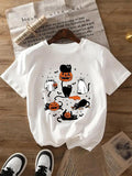 Women's Halloween Themed Ghost & Pumpkin Print Short Sleeve Tee, Casual Round Neck T-shirt for Daily Wear, Ladies Clothes...