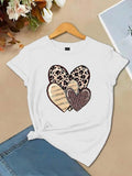 Women's Heart & Leopard Print Round Neck Tee, Casual Short Sleeve Crew Neck T-shirt for Daily Wear, Ladies Clothes for...