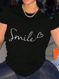 Women's Heart & Letter Print Round Neck Tee, Casual Crew Neck Short Sleeve T-Shirt for Summer, Ladies Clothes for Daily...