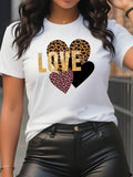 Women's Heart & Letter Print Round Neck Tee, Fashion Casual Leopard Print Crew Neck T-Shirt for Daily Holiday Vacation...