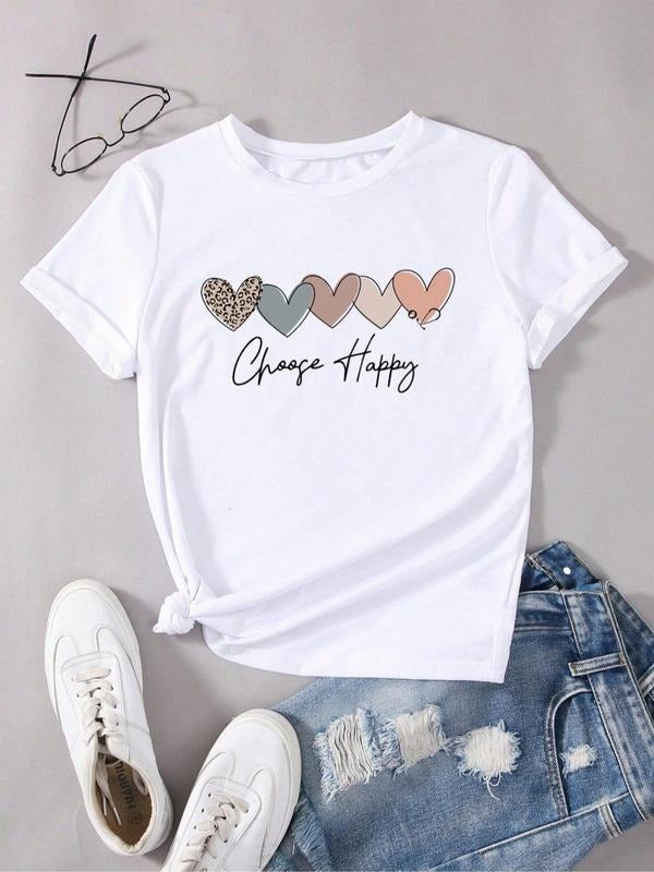 Women's Heart & Letter Print Round Neck Tee, Vintage Trendy Casual Short Sleeve T-Shirt for Vacation Holiday Daily...