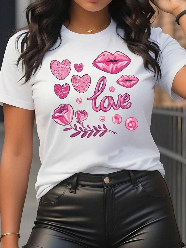 Women's Heart & Lip Print Round Neck Tee, Fashion Casual Letter Graphic Short Sleeve T-shirt, Ladies Clothes for Summer...