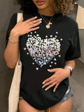 Women's Heart Print Round Neck Tee, Casual Short Sleeve Crew Neck T-Shirt for Daily Wear, Ladies Clothes for All...