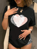 Women's Heart Print Round Neck Tee, Fashion Casual Crew Neck Short Sleeve T-Shirt for Daily Holiday Vacation Outdoor...