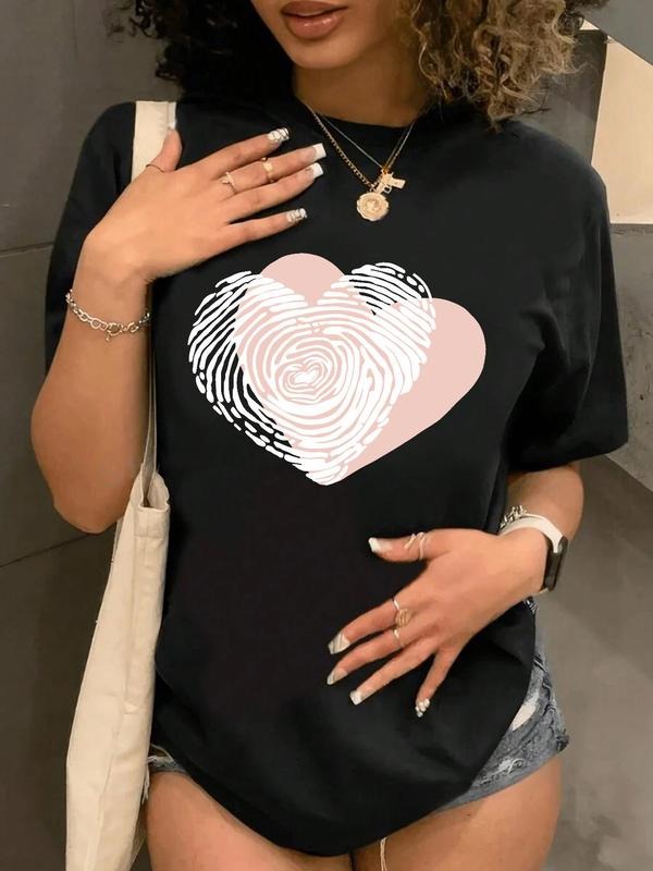 Women's Heart Print Round Neck Tee, Fashion Casual Crew Neck Short Sleeve T-Shirt for Daily Holiday Vacation Outdoor...