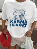 Women's KARMA IS A CAT Round Neck Graphic Tee, Fashion Casual Crew Neck T-shirt for Daily Holiday Vacation Outdoor Wear,...