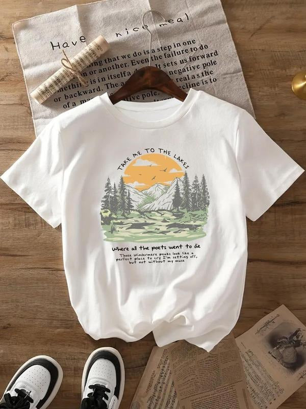 Women's Landscape Print Round Neck Graphic Tee, Vintage Trendy Casual Short Sleeve T-shirt for Daily Wear, Ladies Outfit...