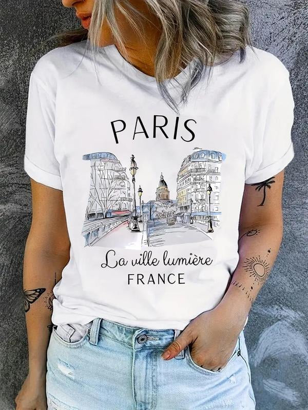 Women's Landscape Print Round Neck Tee, Trendy Casual Letter Print Short Sleeve T-shirt for Daily Wear, Ladies Summer...