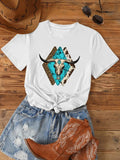 Women's Leopard & Bull Head Print Round Neck Tee, Fashion Casual Short Sleeve T-shirt for Daily Wear, Ladies Summer...