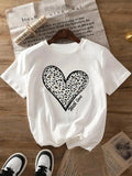 Women's Leopard Heart Print Round Neck Tee, Fashion Casual Crew Neck T-Shirt for Daily Holiday Vacation Outdoor Wear,...