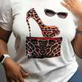 Women's Leopard High Heel Pump Print Round Neck Tee, Fashion Casual Short Sleeve T-shirt for Daily Wear, Ladies Summer...