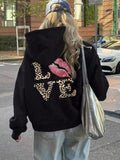 Women's Leopard Letter Print Drop Shoulder Hoodie, Fashion Casual Drawstring Pocket Hooded Sweatshirt for Daily Holiday...