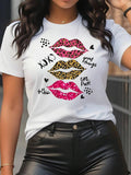 Women's Leopard Lip & Letter Print Round Neck Tee, Fashion Casual Short Sleeve T-shirt for Daily Wear, Ladies Summer...