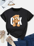 Women's Letter & Bear Print Round Neck Tee, Fashion Casual Crew Neck Short Sleeve T-shirt for Daily Holiday Vacation...