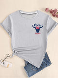 Women's Letter & Bull Head Print Round Neck Tee, Casual Short Sleeve Crew Neck T-shirt for Summer, Fashion Women's Top...