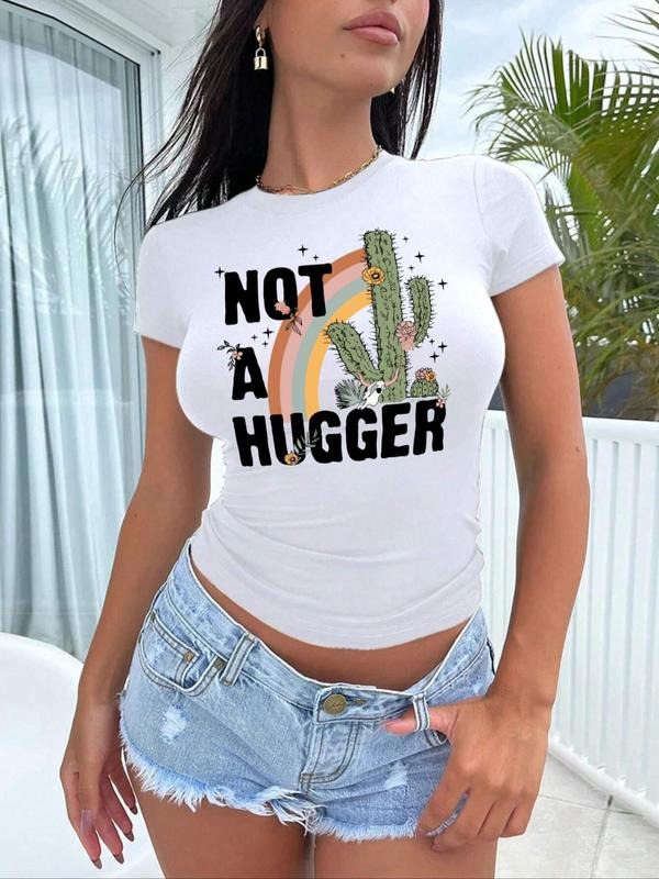 Women's Letter & Cactus Print Round Neck Tee, Fashion Casual Short Sleeve T-shirt for Daily Wear, Ladies Summer Clothes...