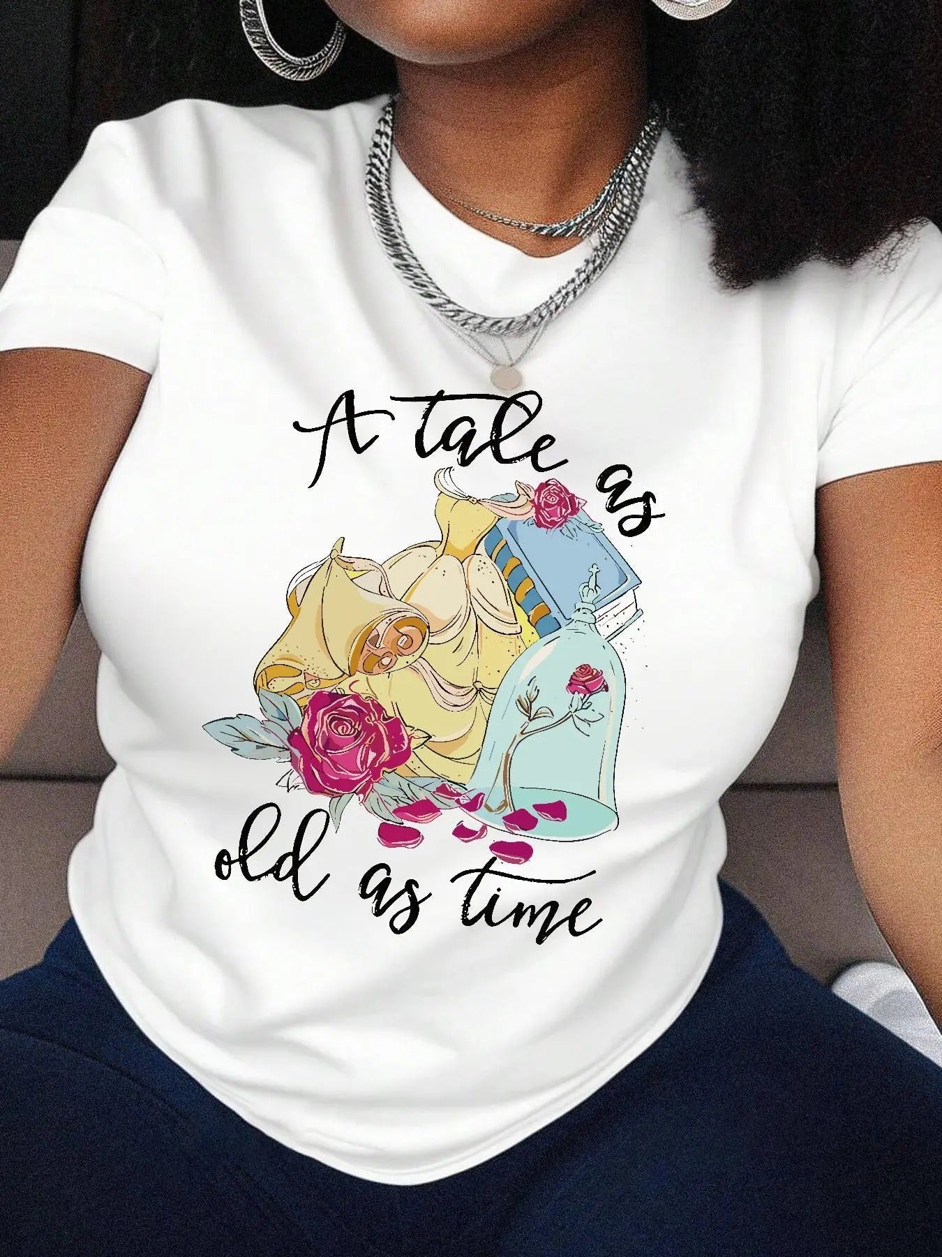 Women's Letter & Floral Print Round Neck Graphic Tee, Casual Short Sleeve T-shirt for Summer, Women Clothes for Daily...