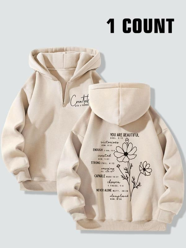 Women's Letter & Flower Print Hoodie, Casual Long Sleeve Hooded Sweatshirt for Fall & Winter, Women's Clothes for Daily...