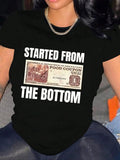 Women's Letter & Food Stamp Print Round Neck Tee, Trendy Casual Crew Neck Short Sleeve T-shirt For Daily Wear, Ladies...