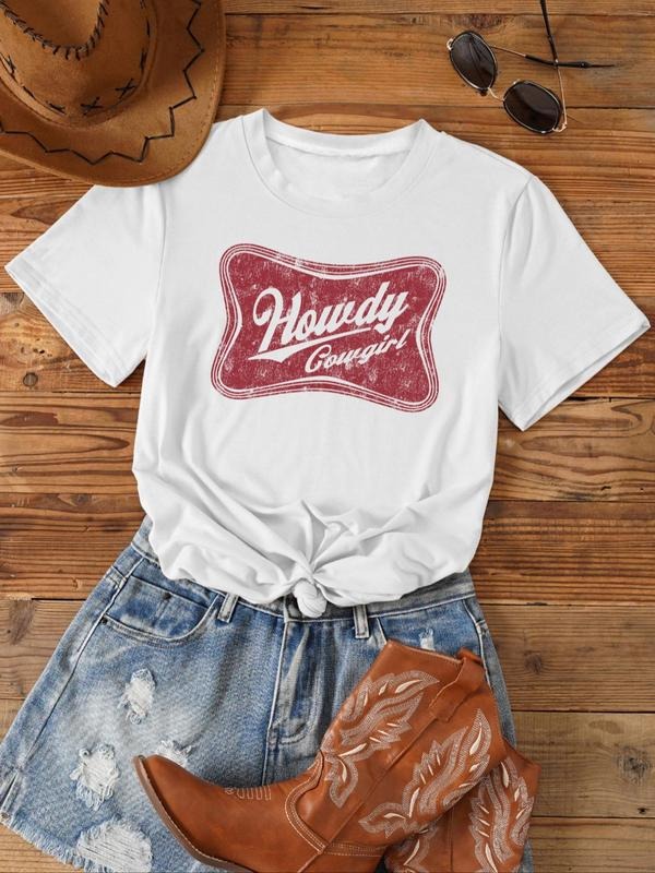 Women's Letter & Geometric Print Round Neck Tee, Trendy Casual Short Sleeve T-Shirt for Daily Wear, Ladies Summer Outfit...