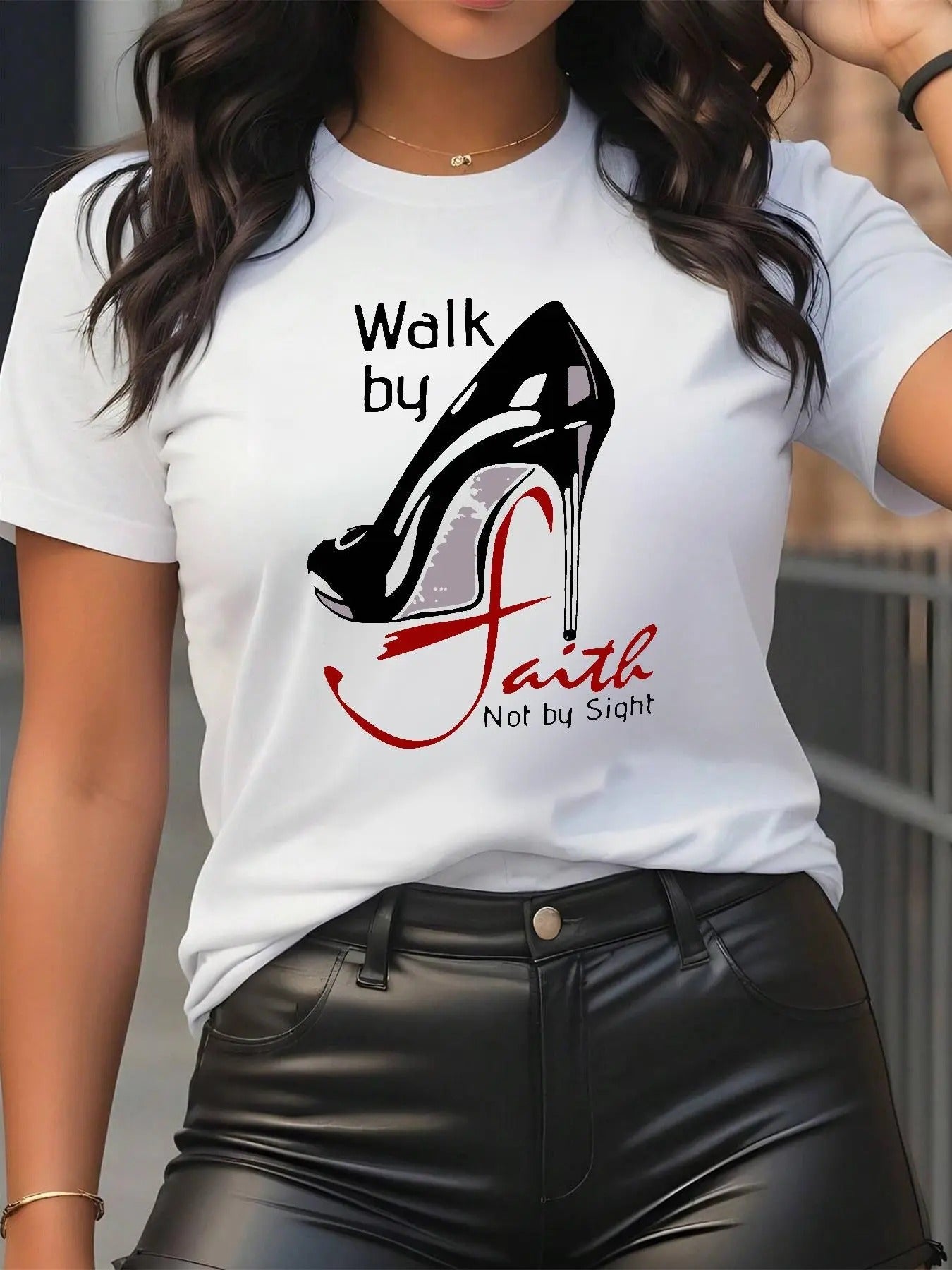 Women's Letter & High Heel Round Neck Graphic Tee, Fashion Casual Short Sleeve T-Shirt for Daily Wear, Ladies Summer...