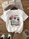 Women's Letter & Landscape Print Round Neck Tee, Trendy Casual Short Sleeve T-Shirt for Daily Holiday Wear, Ladies Summer...