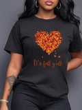 Women's Letter & Leaf & Heart Print Round Neck Tee, Casual Short Sleeve Crew Neck T-Shirt for All Seasons, Women's Top...