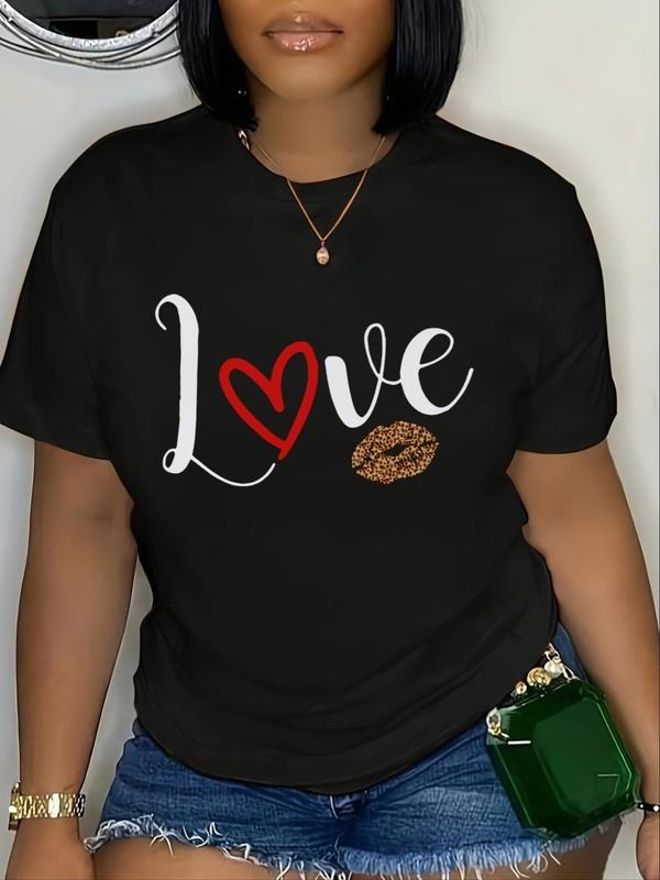 Women's Letter & Lip Print Round Neck Tee, Casual Short Sleeve Crew Neck T-shirt for Daily Wear, Ladies Clothes for All...
