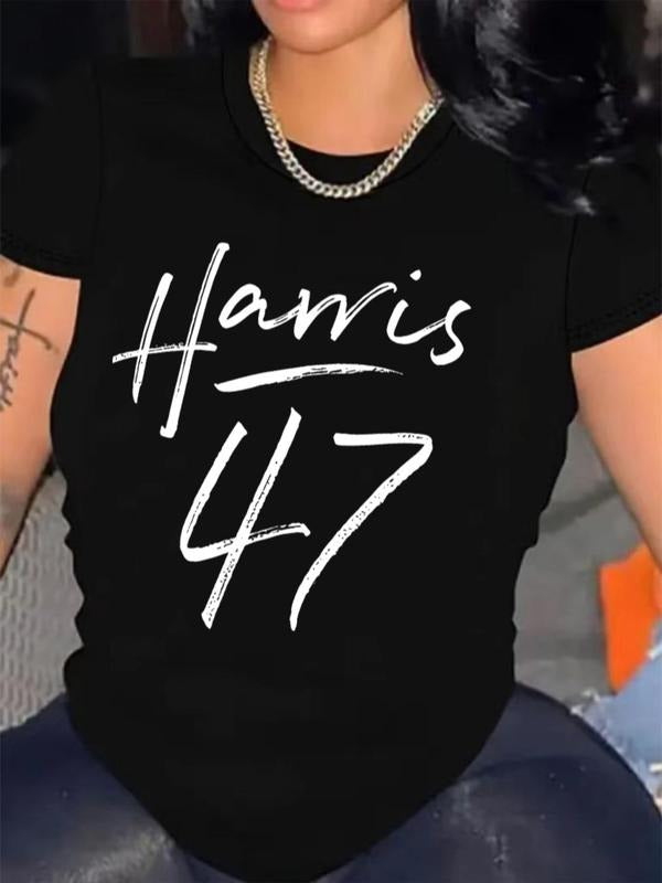 Women's Letter & Number Print Round Neck Tee, Fashion Casual Crew Neck T-shirt for Daily Holiday Vacation Outdoor Wear, Ladies Clothes for Spring & Fall