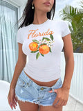 Women's Letter & Orange Print Round Neck Tee, Casual Short Sleeve Crew Neck T-Shirt for Summer, Fashion Women's Top for...