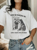 Women's Letter & Raccoon Print Drop Shoulder Tee, Casual Half Sleeve Round Neck T-Shirt for Summer, Fashion Women's Top...