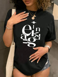 Women's Letter & Star Print Round Neck Tee, Casual Short Sleeve Crew Neck T-Shirt for Daily Wear, Ladies Clothes for All...