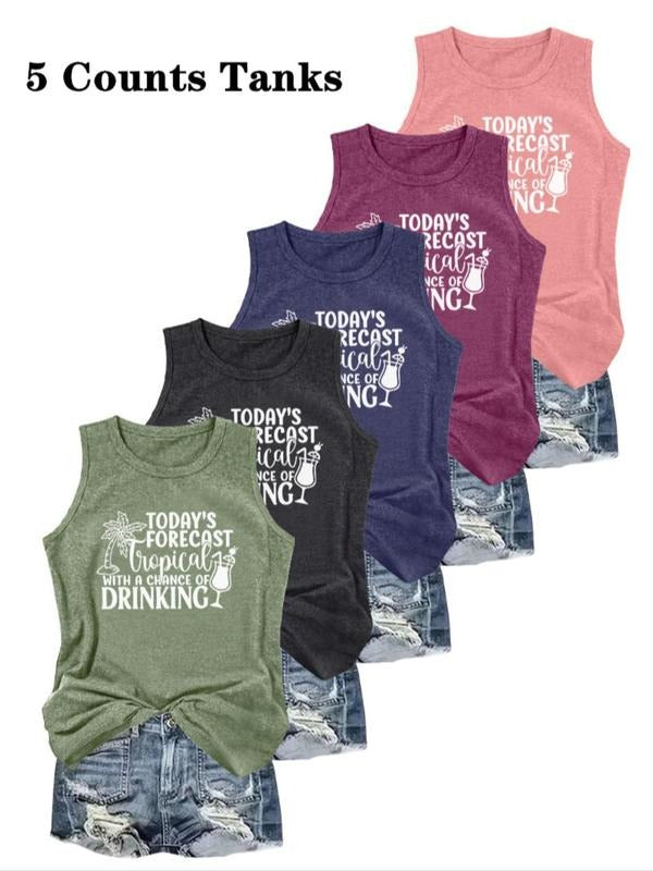 Women's Letter Print Round Neck Tank Top, Casual Sleeveless Crew Neck Top for Daily Wear, Ladies Clothes for All Seasons...