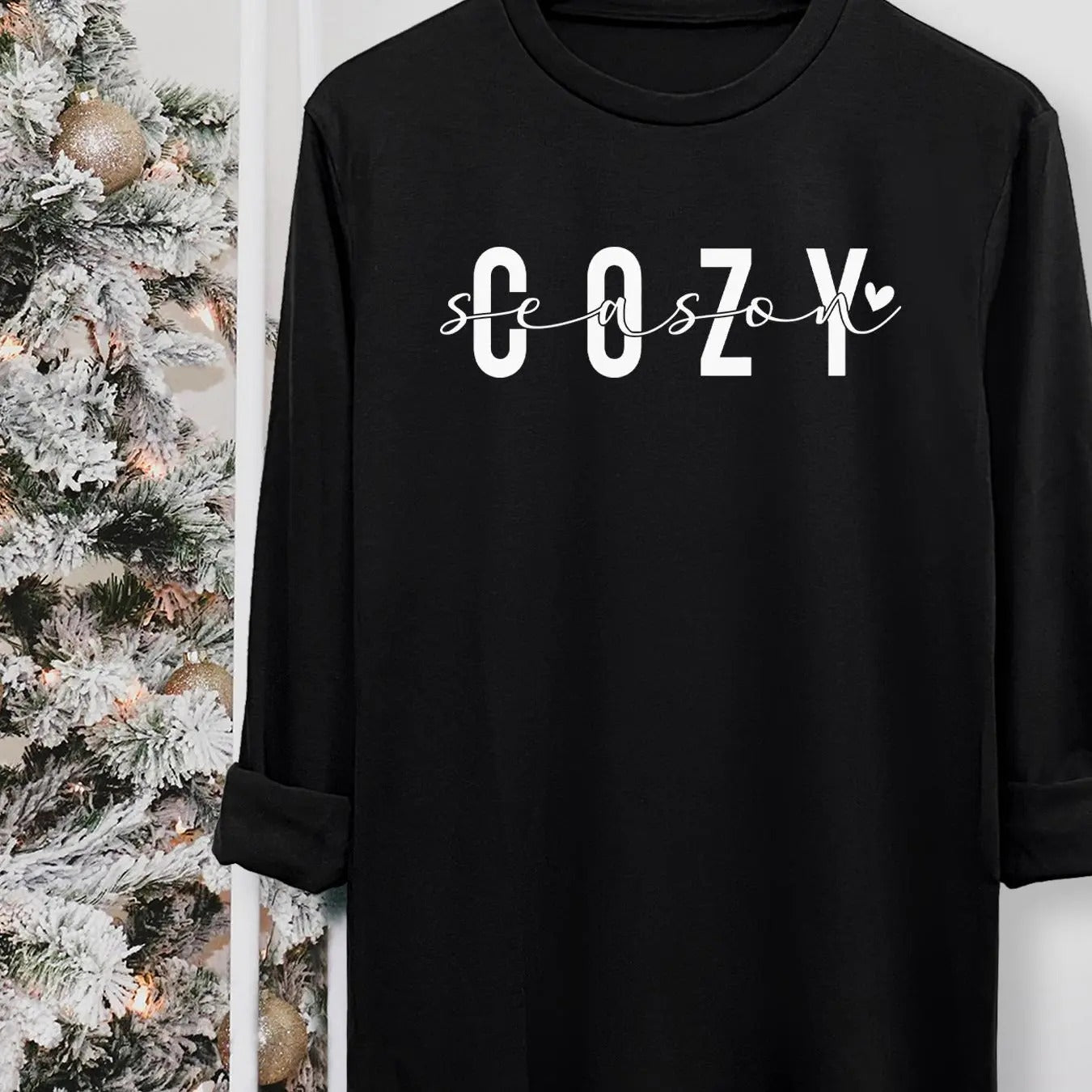 Women's Letter Print Round Neck Tee, Casual Long Sleeve Crew Neck T-shirt for Fall & Winter, Women's Top for Daily...
