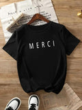 Women's Letter Print Round Neck Tee, Casual Short Sleeve Crew Neck T-Shirt for Daily Wear, Ladies Clothes for All Seasons...