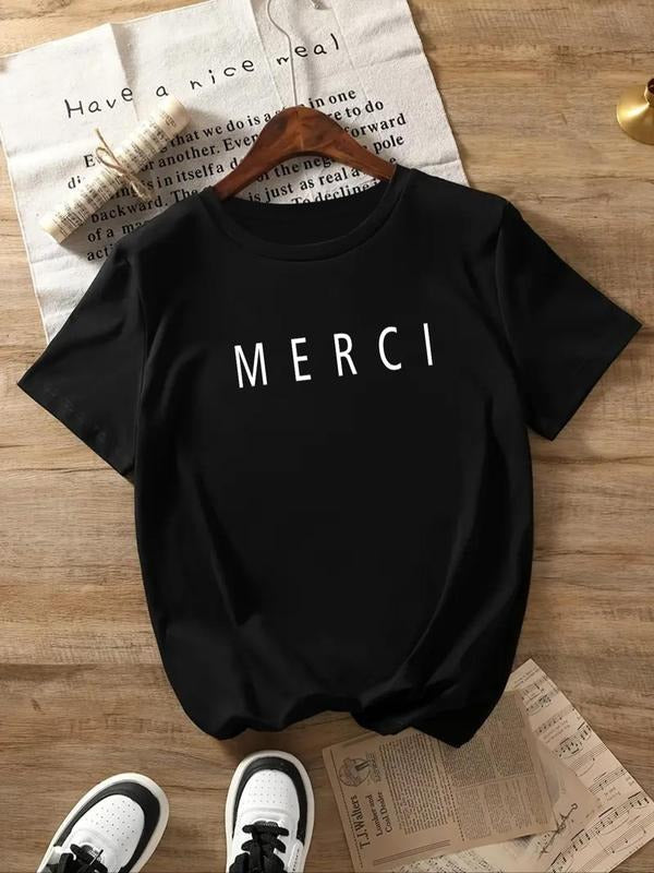 Women's Letter Print Round Neck Tee, Casual Short Sleeve Crew Neck T-Shirt for Daily Wear, Ladies Clothes for All Seasons...