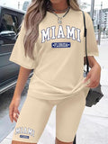 Women's Letter Print Short Sleeve Tee & Skinny Shorts Two-piece Set, Casual Round Neck T-shirt & Shorts for Daily Wear,...
