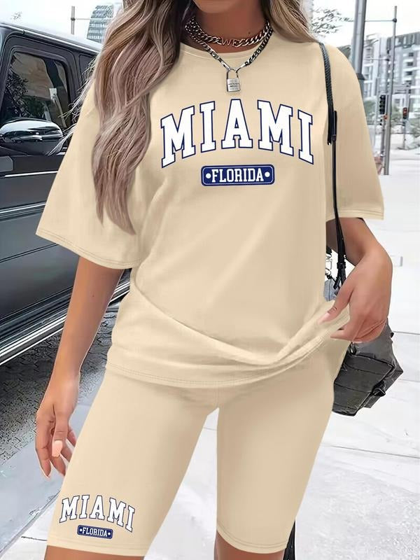 Women's Letter Print Short Sleeve Tee & Skinny Shorts Two-piece Set, Casual Round Neck T-shirt & Shorts for Daily Wear,...
