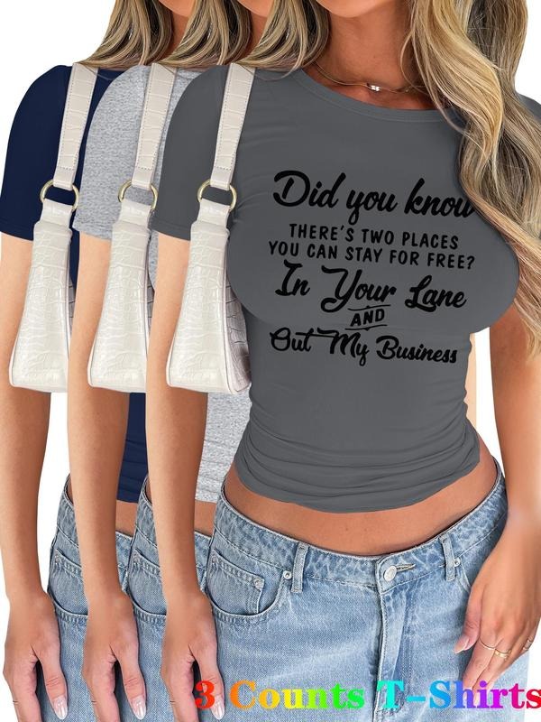 Women's Letter Print Short Sleeve Tee, Casual Round Neck T-shirt for Summer, Ladies Clothes for Daily Wear,...