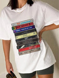 Women's Letter Tape Cassette Print Round Neck Tee, Casual Loose Half Sleeve T-shirt for Daily Wear, Ladies Clothes for...