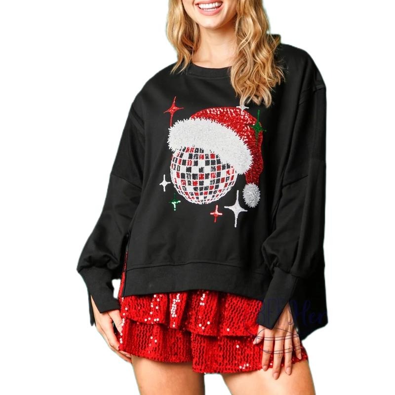 Women's Long Sleeve Sweatshirt Christmas Hat Ball Print Side Slit Drop Shoulders Casual Pullover Tops T-Shirts, Hoodie