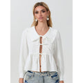 Women's Long Sleeve T-Shirt Casual Loose Front Tie-Up Doll Collar Ruffled Tops for Spring Fall Lady Womenswear Hoodie,...