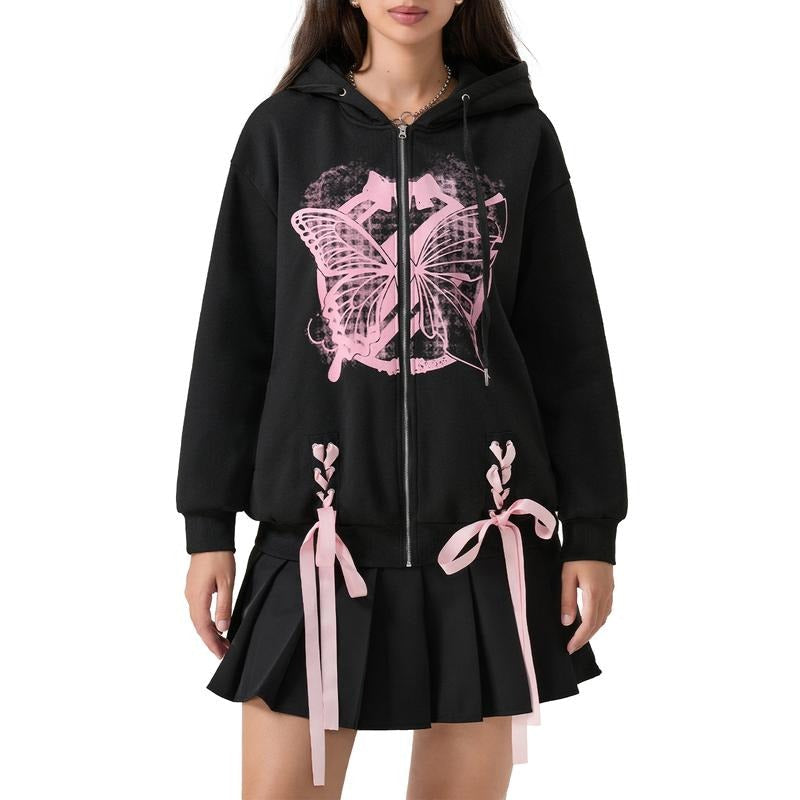 Women's Loose Hoodies Butterfly Print Long Sleeve Teen Harajuku Fall Jacket Casual Clothes Zip-Up Oversized Sweatshirts...