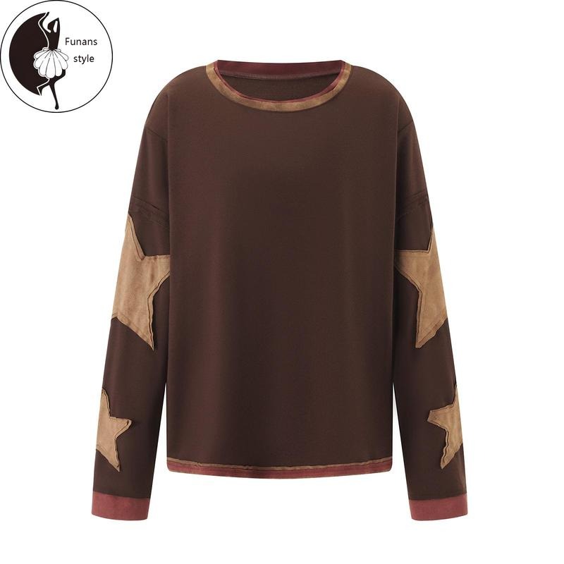 Women's Loose T-Shirt Star Patch Long Sleeve Crew Neck Tops Streetwear Hoodie, Sweatshirt | RetroVerseTees.com