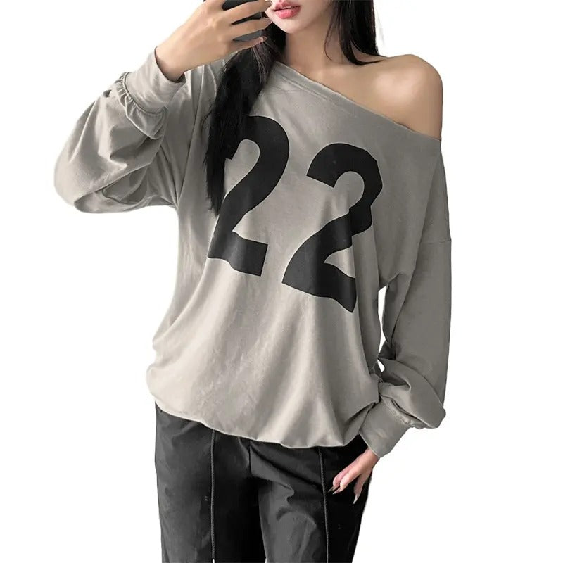 Women's Off-Shoulder Tops Trendy Number Print Asymmetrical Long Sleeves Shirts Summer Blouses Going out Streetwear...